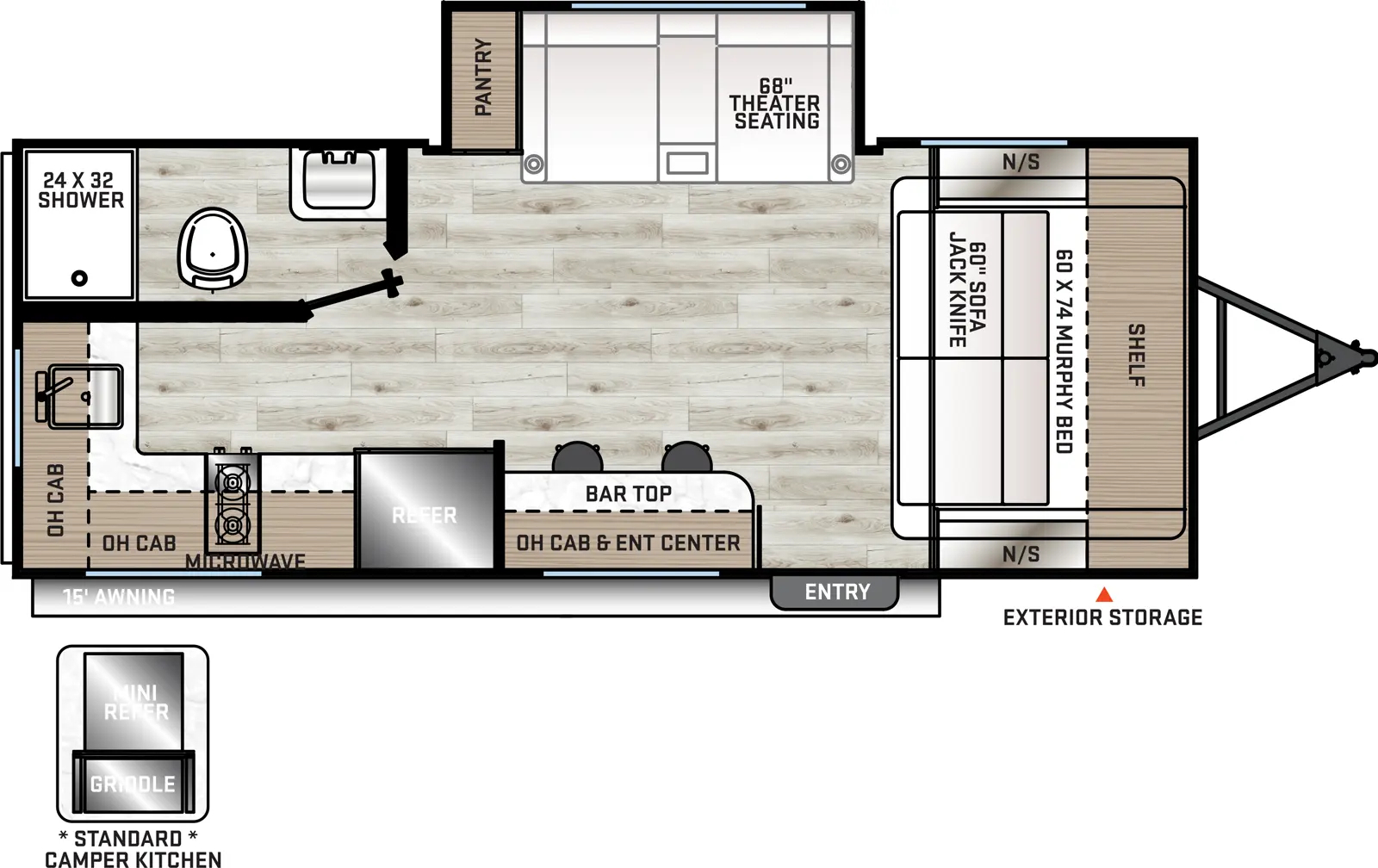 The Aurora 180RBS floorplan has one entry and one slide out. Exterior features include: metal exterior, 15' awning and outside kitchen. Interiors features include: murphy bed.